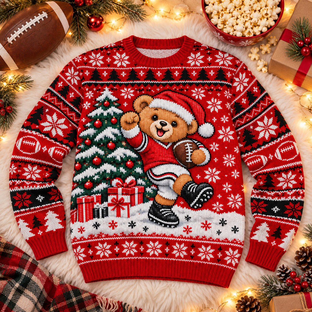 Teddy Bear Touchdown football ugly Christmas sweater laid flat on a white faux-fur blanket with a football and popcorn