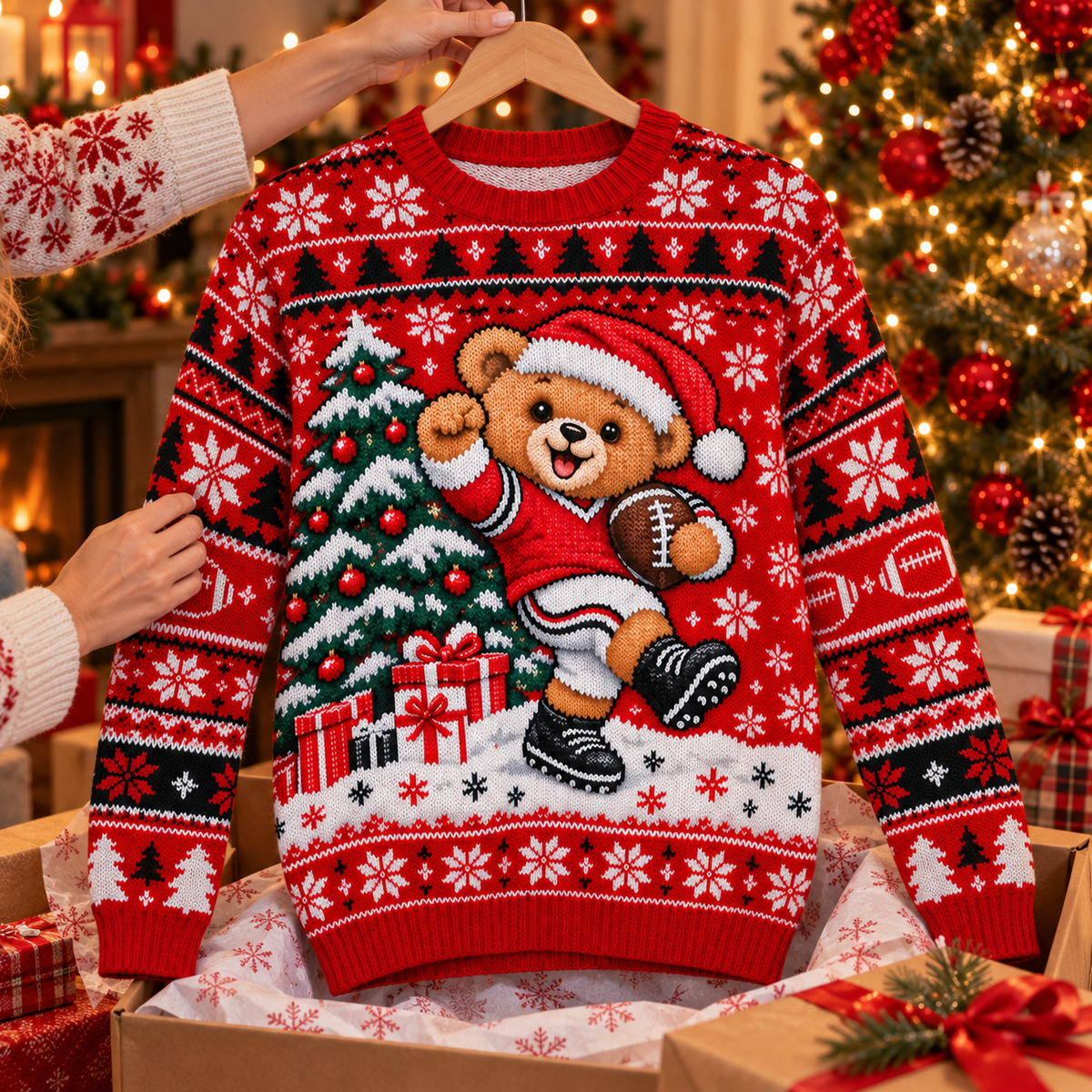 Teddy Bear Touchdown ugly Christmas sweater on a wooden hanger above an opened gift box