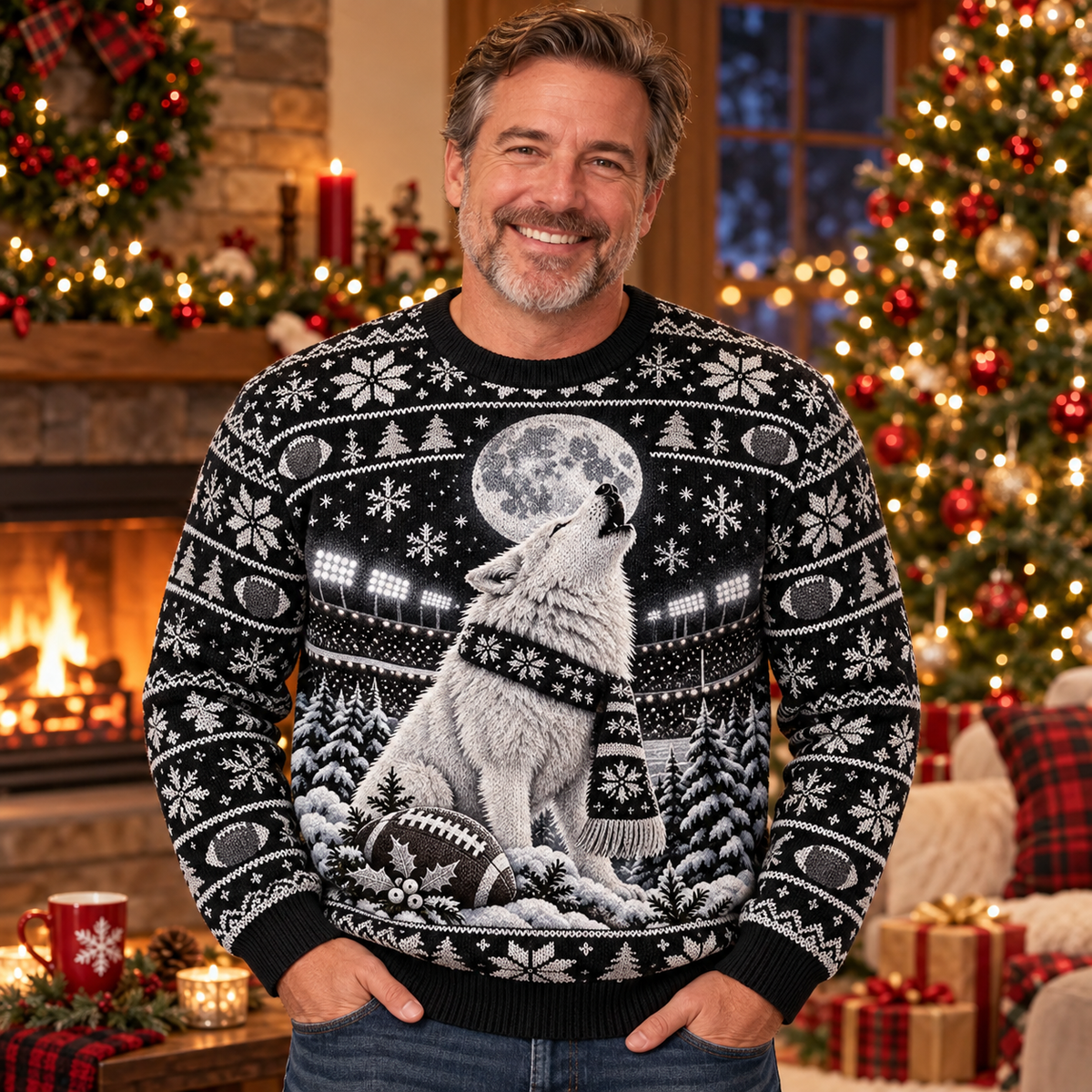 Man wearing the Arctic Wolf Night Game football ugly Christmas sweater in a cozy Christmas living room