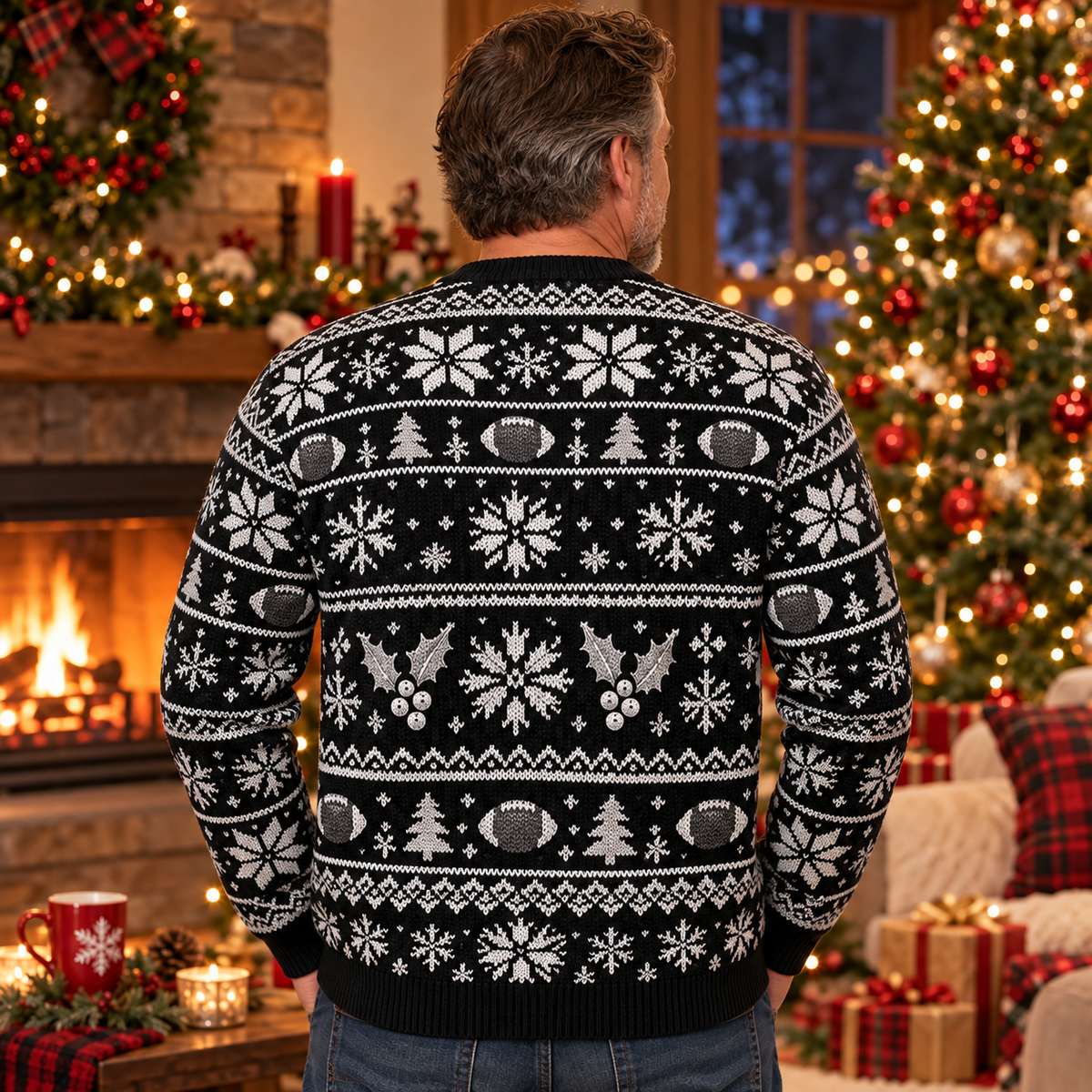 Back view of the Arctic Wolf Night Game ugly Christmas sweater
