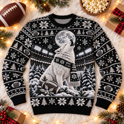 Arctic Wolf Night Game football ugly Christmas sweater laid flat on a white faux-fur blanket with a football and popcorn