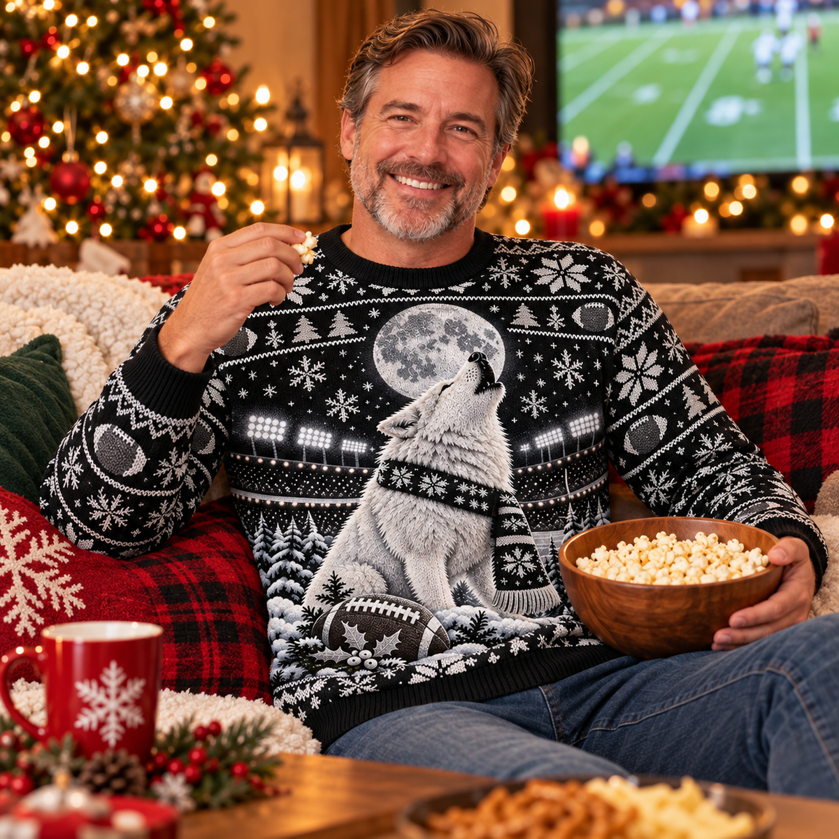 Man wearing the Arctic Wolf Night Game sweater at a holiday game-day watch party