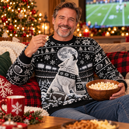 Man wearing the Arctic Wolf Night Game sweater at a holiday game-day watch party