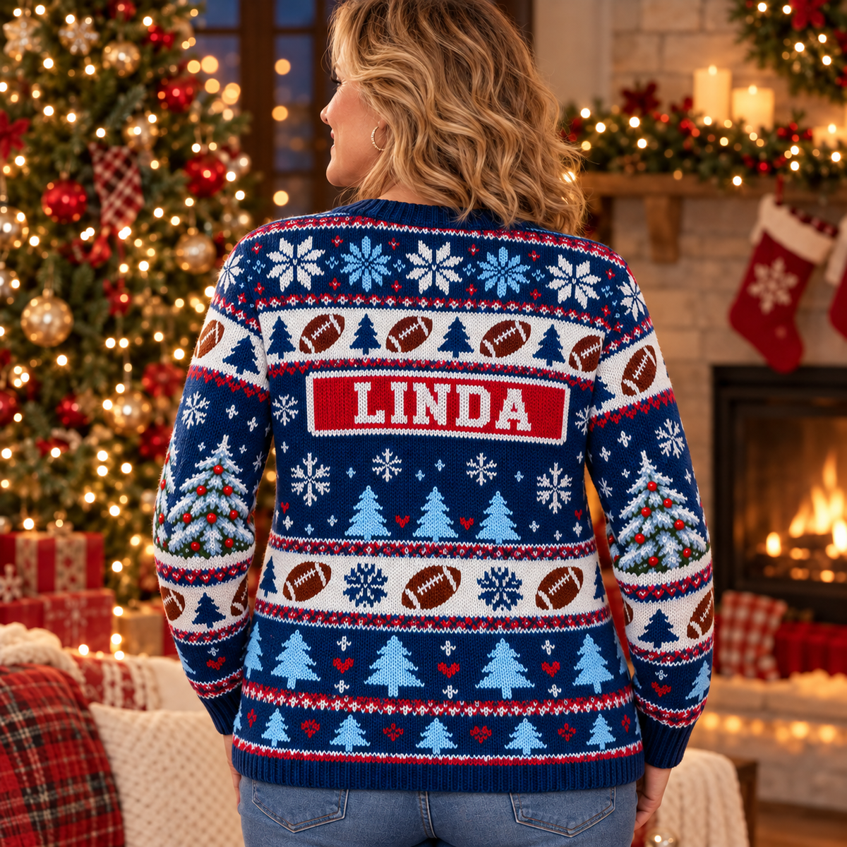 Back view of the Gnome Game Day ugly Christmas sweater with the sample name LINDA on the nameplate
