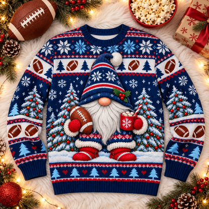 Gnome Game Day football ugly Christmas sweater laid flat on a white faux-fur blanket with a football and popcorn