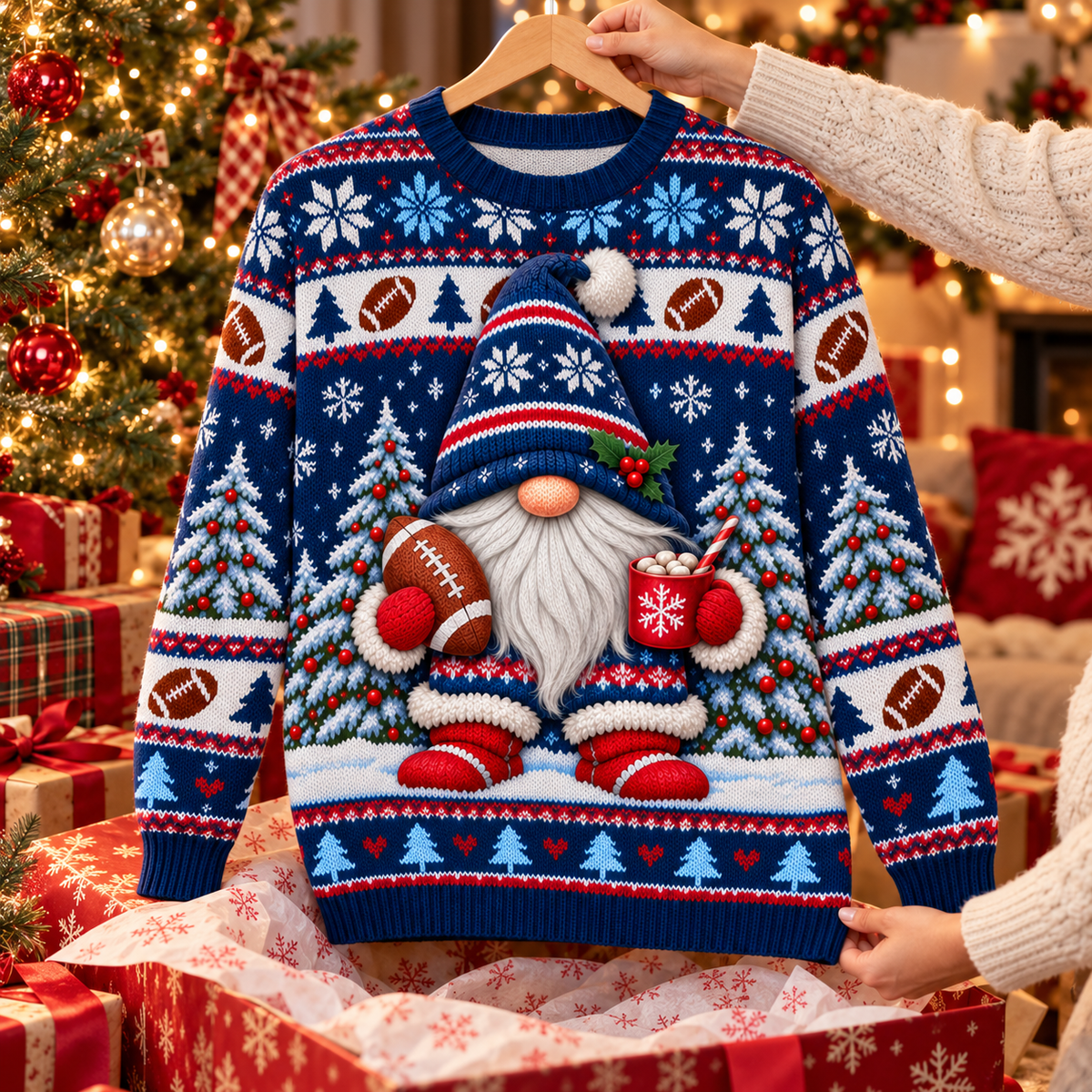 Gnome Game Day ugly Christmas sweater on a wooden hanger above an opened gift box
