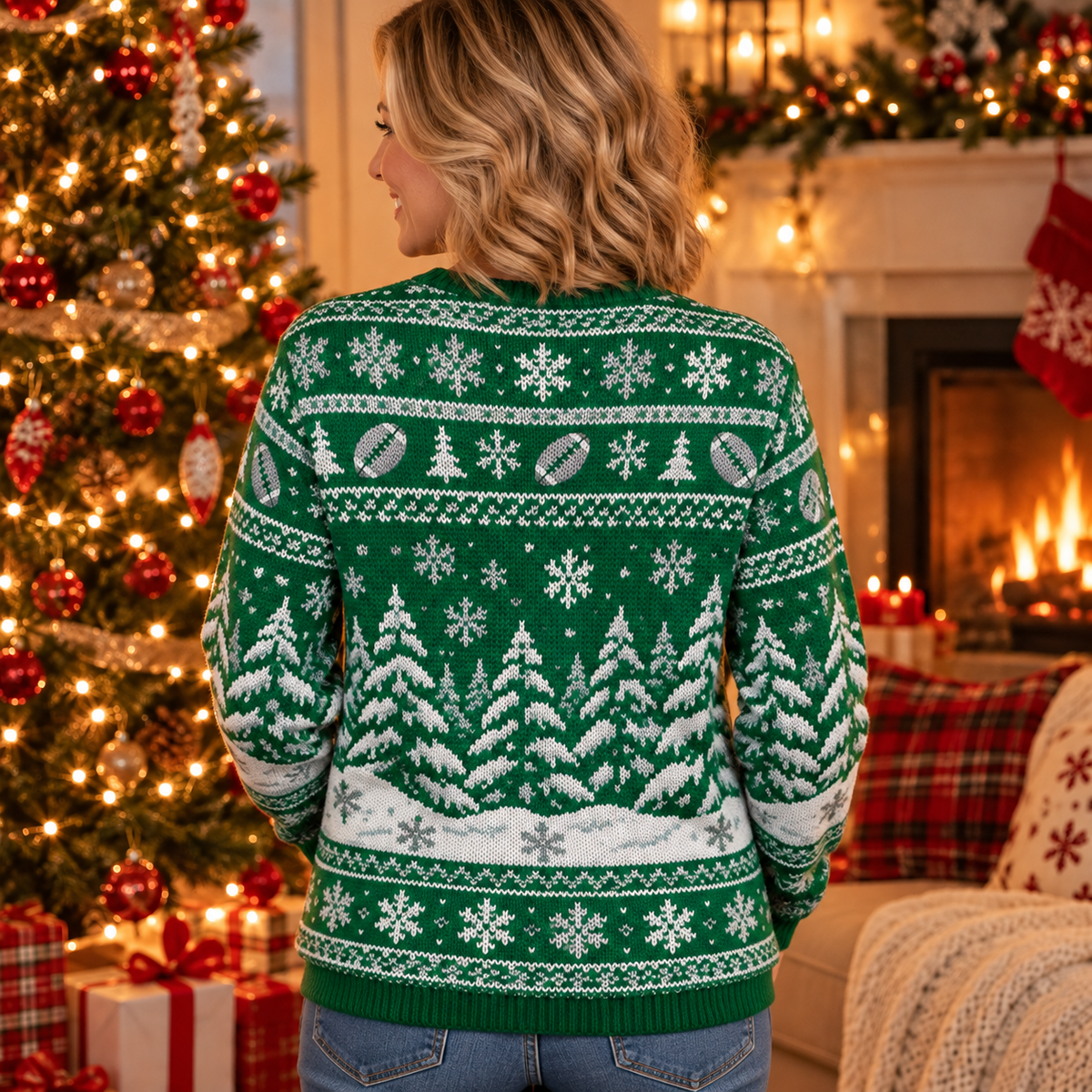 Back view of the Christmas Tree Touchdown ugly Christmas sweater