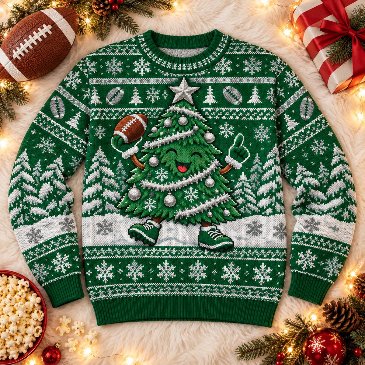 Christmas Tree Touchdown football ugly Christmas sweater laid flat on a white faux-fur blanket with a football and popcorn