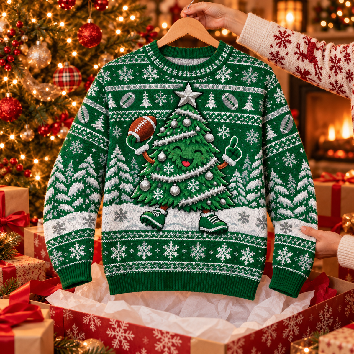 Christmas Tree Touchdown ugly Christmas sweater on a wooden hanger above an opened gift box