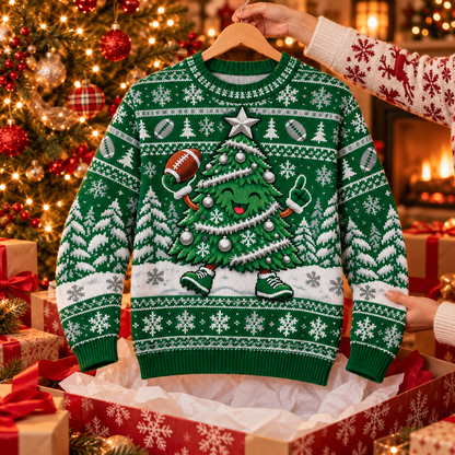 Christmas Tree Touchdown ugly Christmas sweater on a wooden hanger above an opened gift box