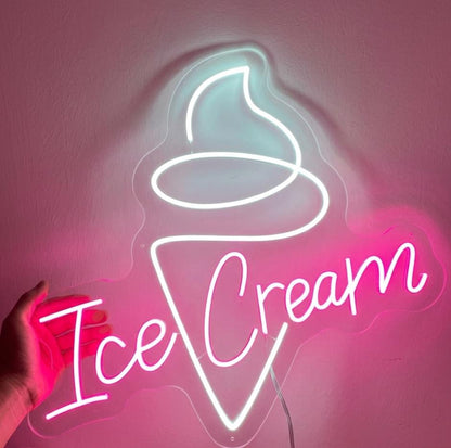 Custom Ice Cream Neon Sign - LED Neon Light for Dessert Shop Wall Decor, Sweet Shop Business Sign, Personalized Ice Cream Cone Food Decor