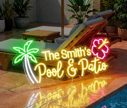 Custom Pool Neon Sign Outdoor Patio Decor | Personalized Poolside Name Light | Tropical Bar Wall Art | Summer Backyard Party Led Neon Lights