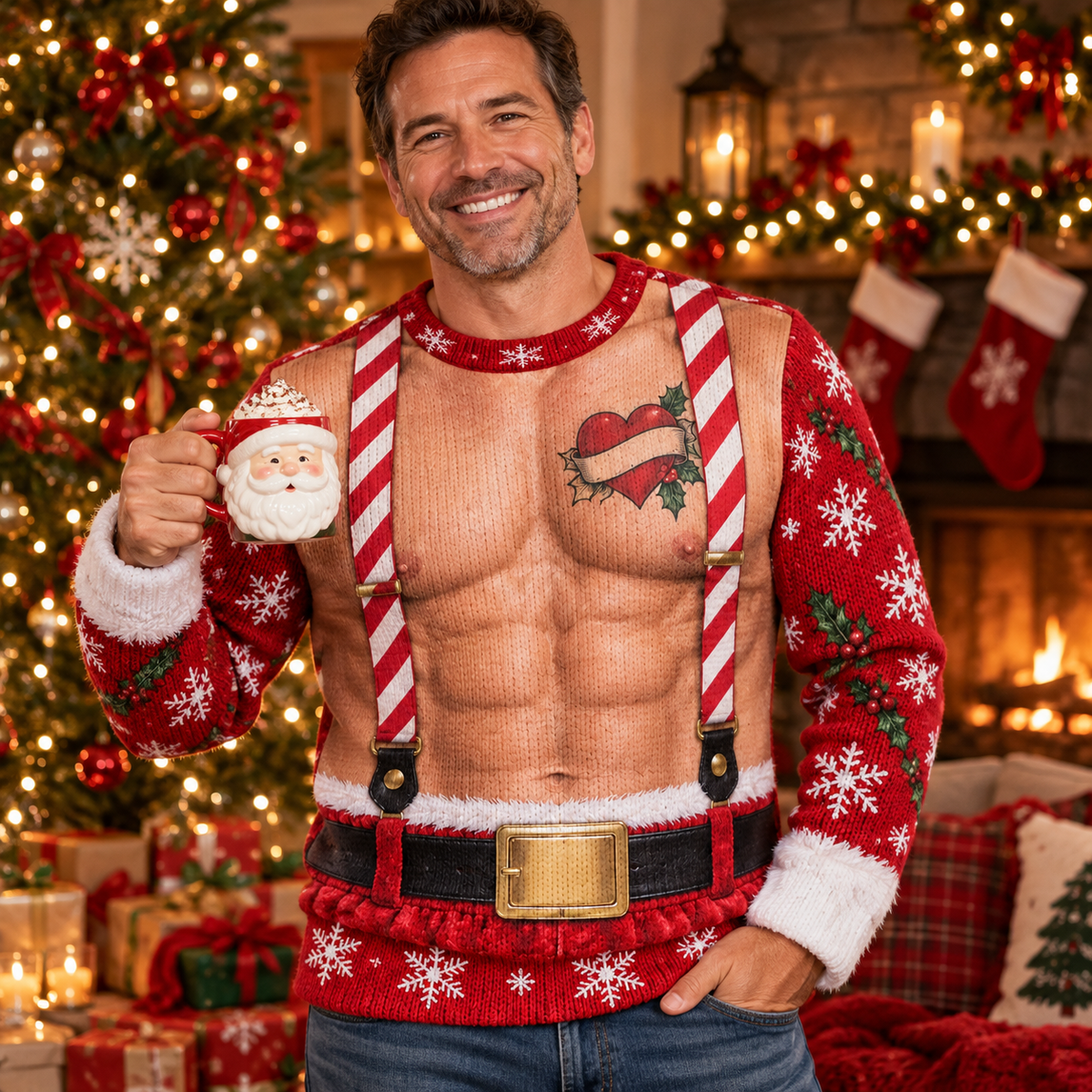 Man holding a cocoa mug wearing a Santa abs ugly Christmas sweater in a festive living room