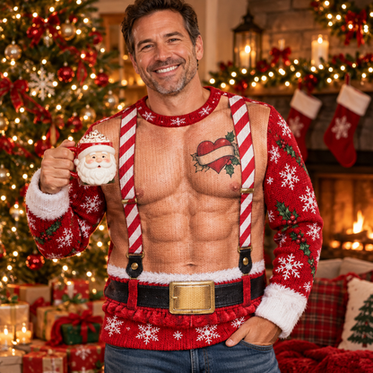 Man holding a cocoa mug wearing a Santa abs ugly Christmas sweater in a festive living room