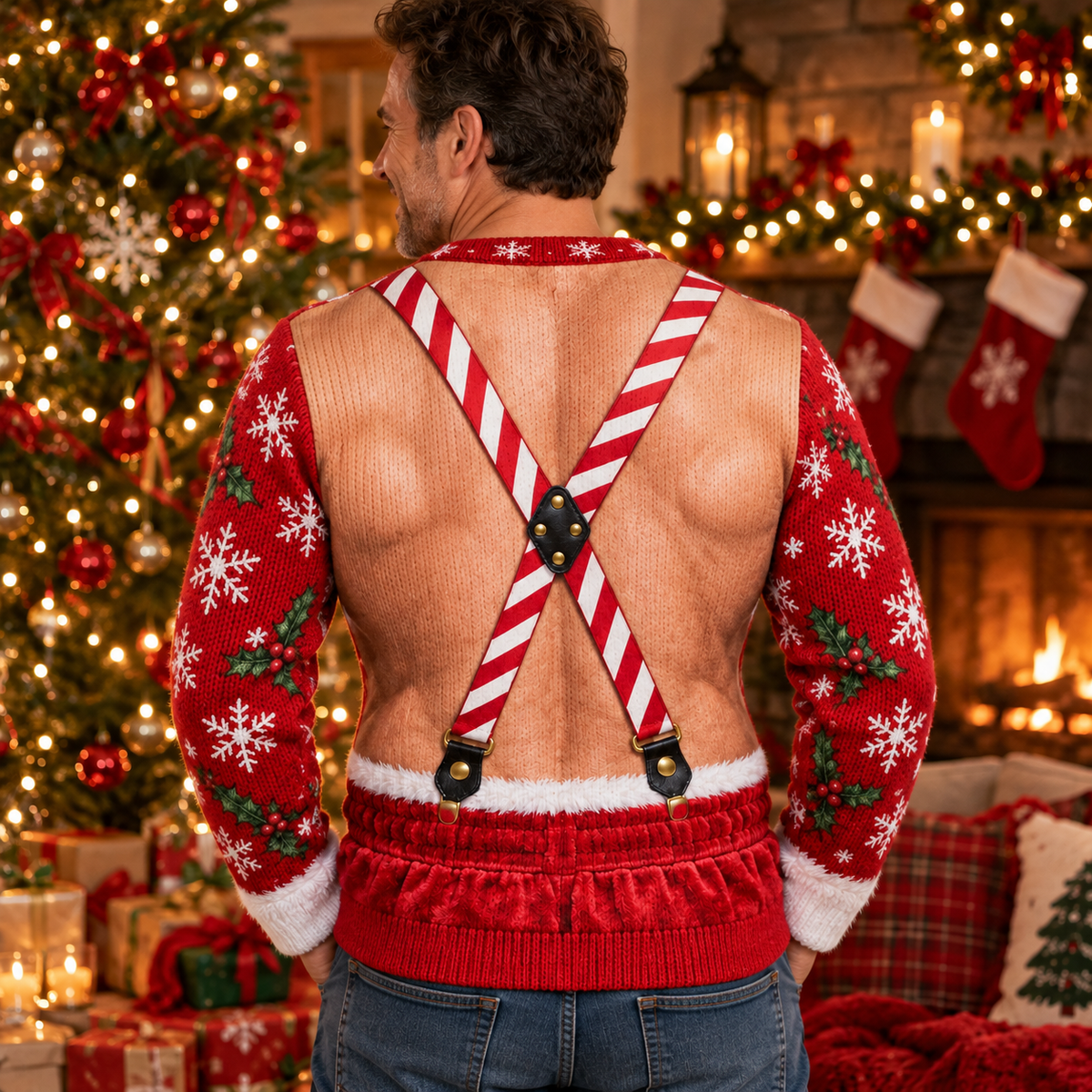 Back of the Santa abs ugly Christmas sweater