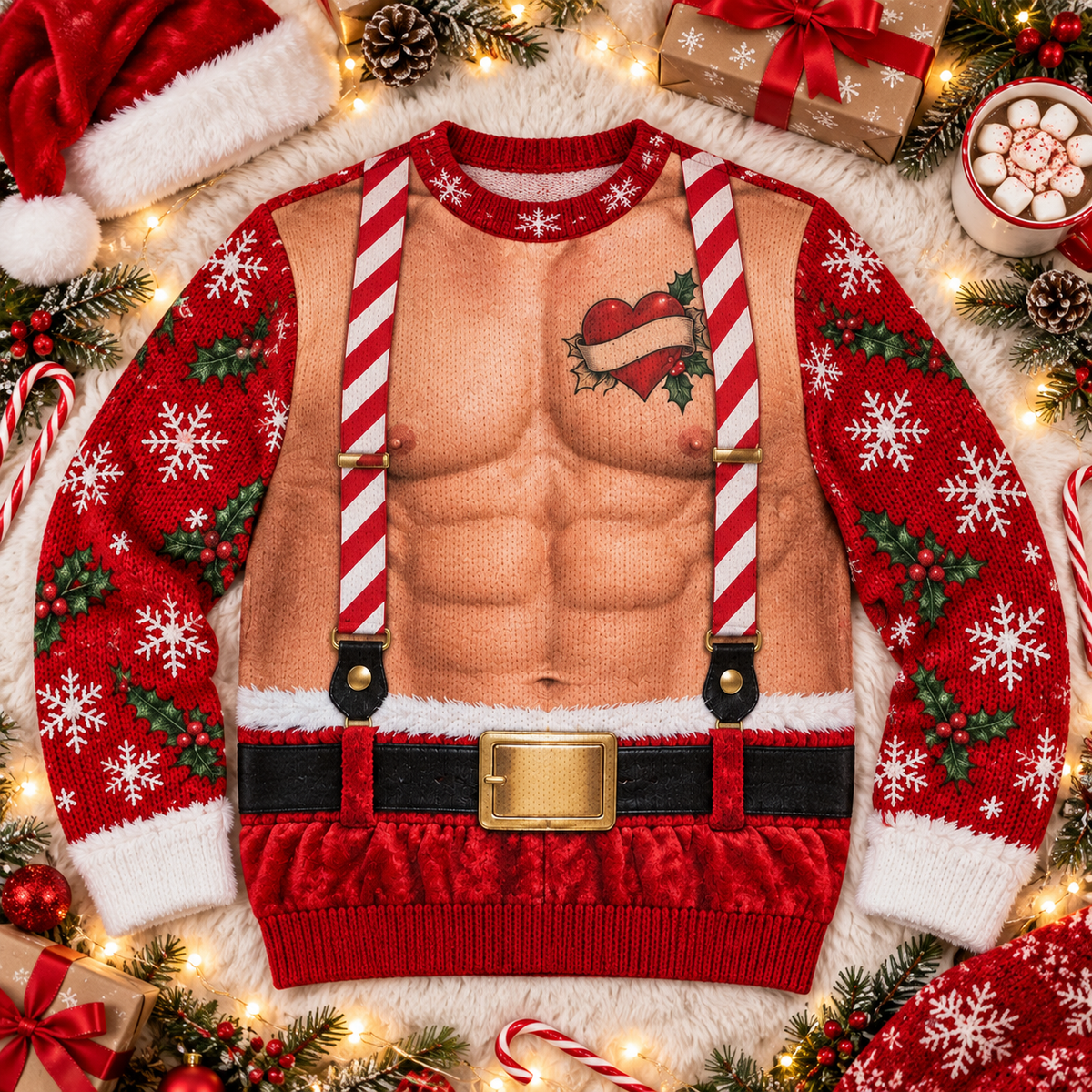 Santa abs ugly Christmas sweater laid flat on a white faux fur blanket