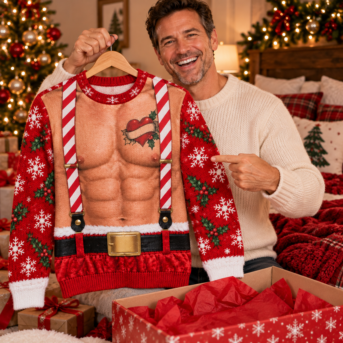 Holding a Santa abs ugly Christmas sweater on a hanger as a gift
