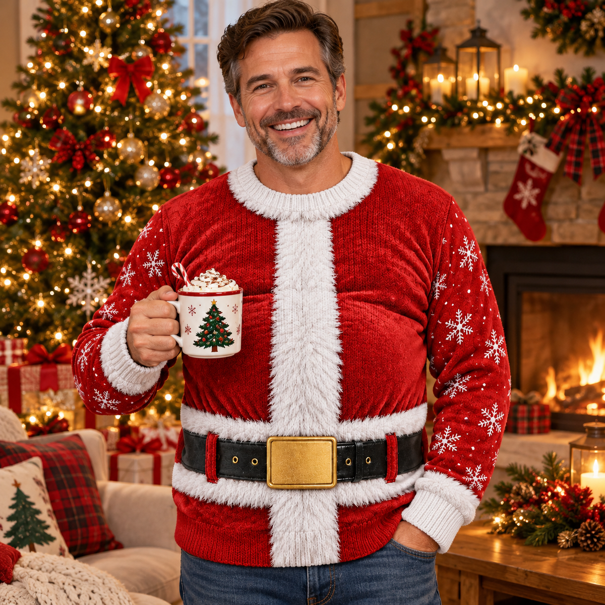 Dad wearing a Santa suit ugly Christmas sweater in a cozy living room