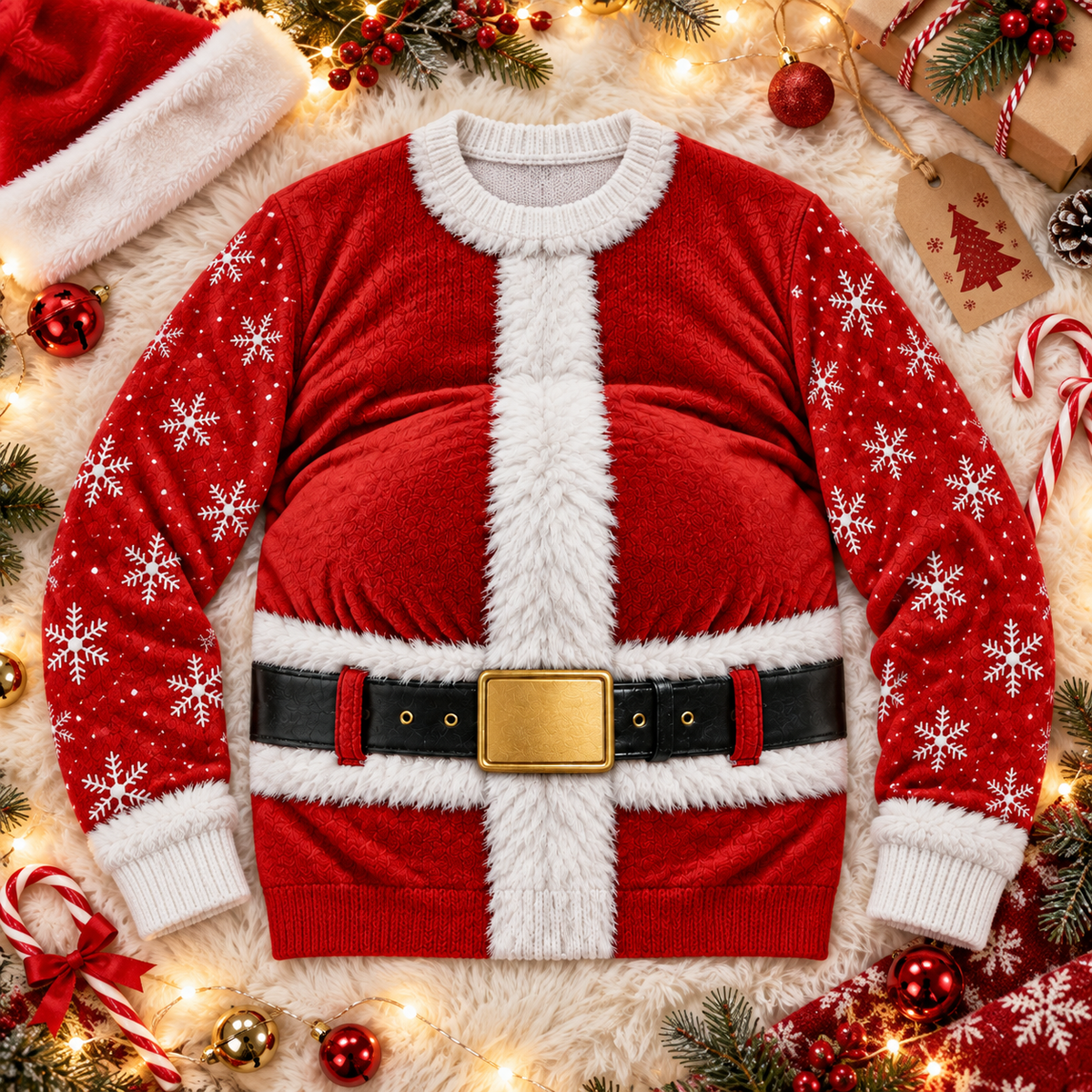 Santa suit ugly Christmas sweater laid flat with holiday decor