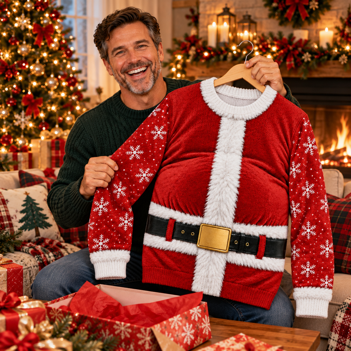 Opening a Santa ugly Christmas sweater as a Christmas gift