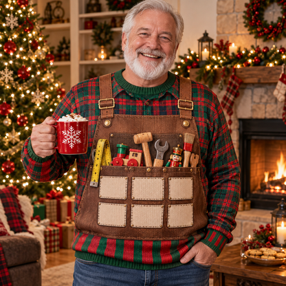 Grandpa wearing a workshop elf ugly Christmas sweater