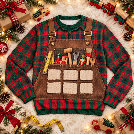 Grandpa's workshop ugly Christmas sweater in a holiday scene