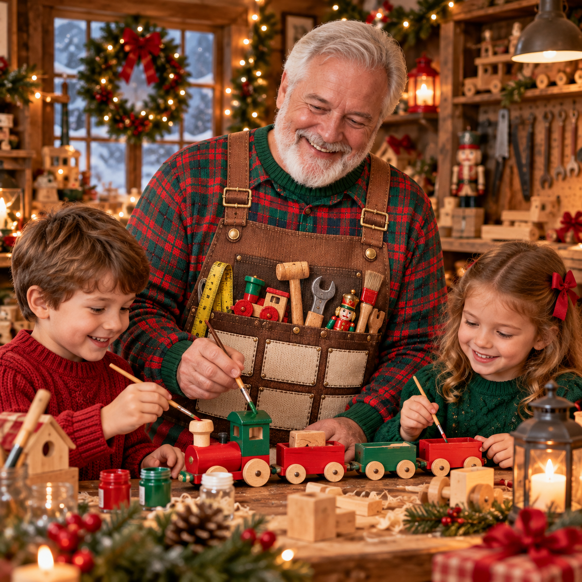 Grandpa's workshop ugly Christmas sweater holiday scene
