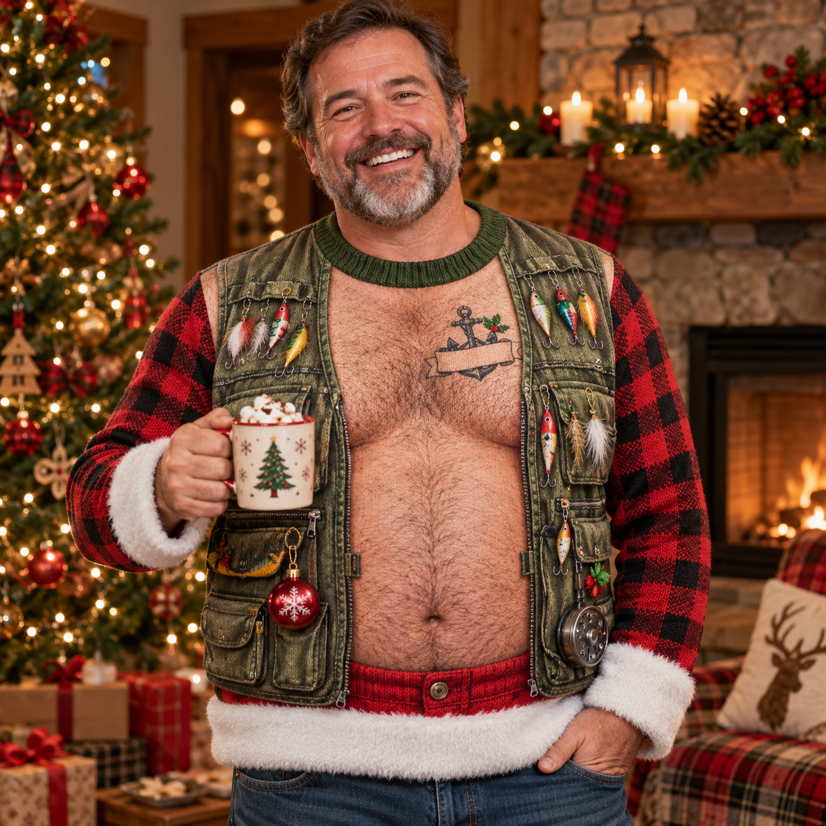 Man wearing a fishing ugly Christmas sweater in a festive living room