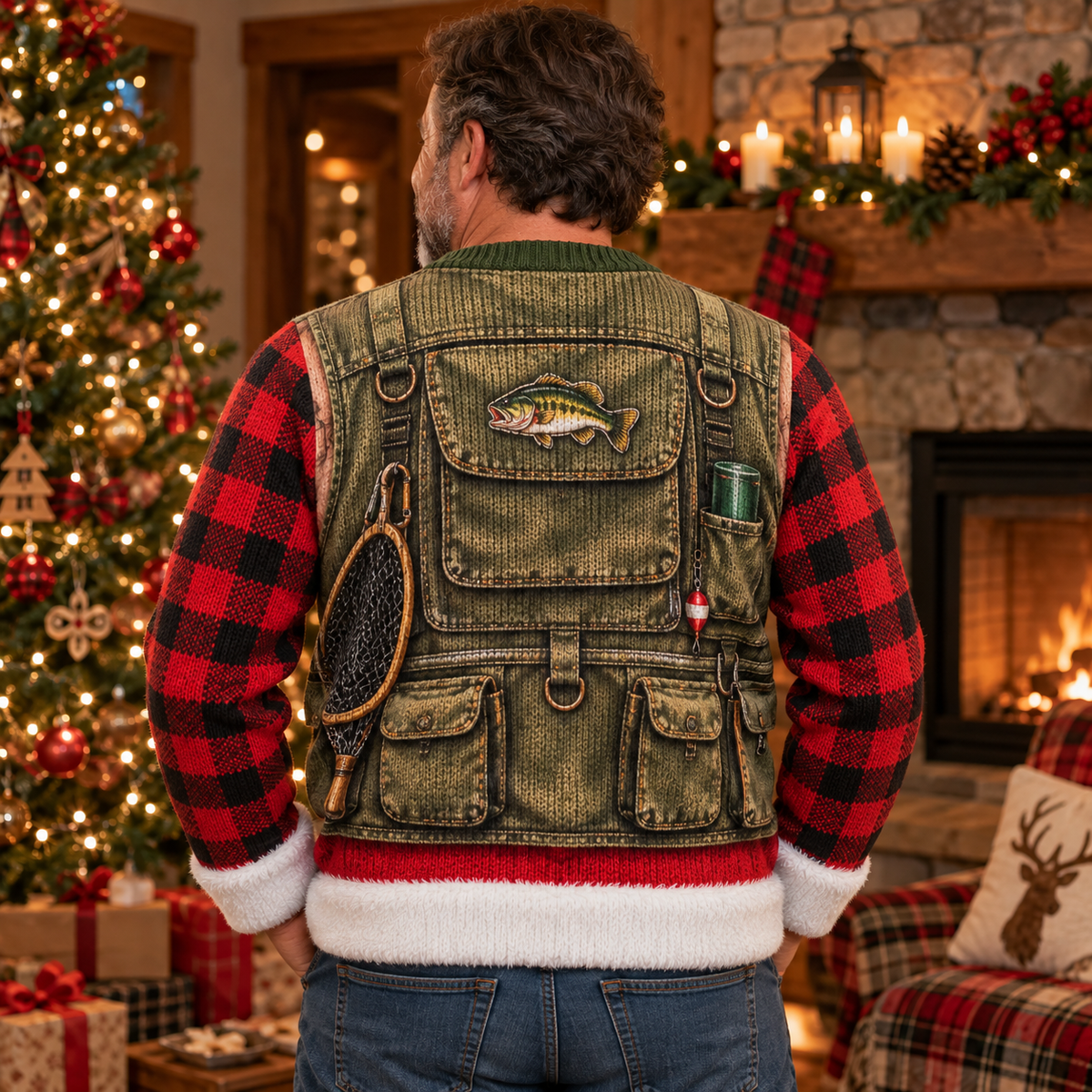 Back of the fishing ugly Christmas sweater