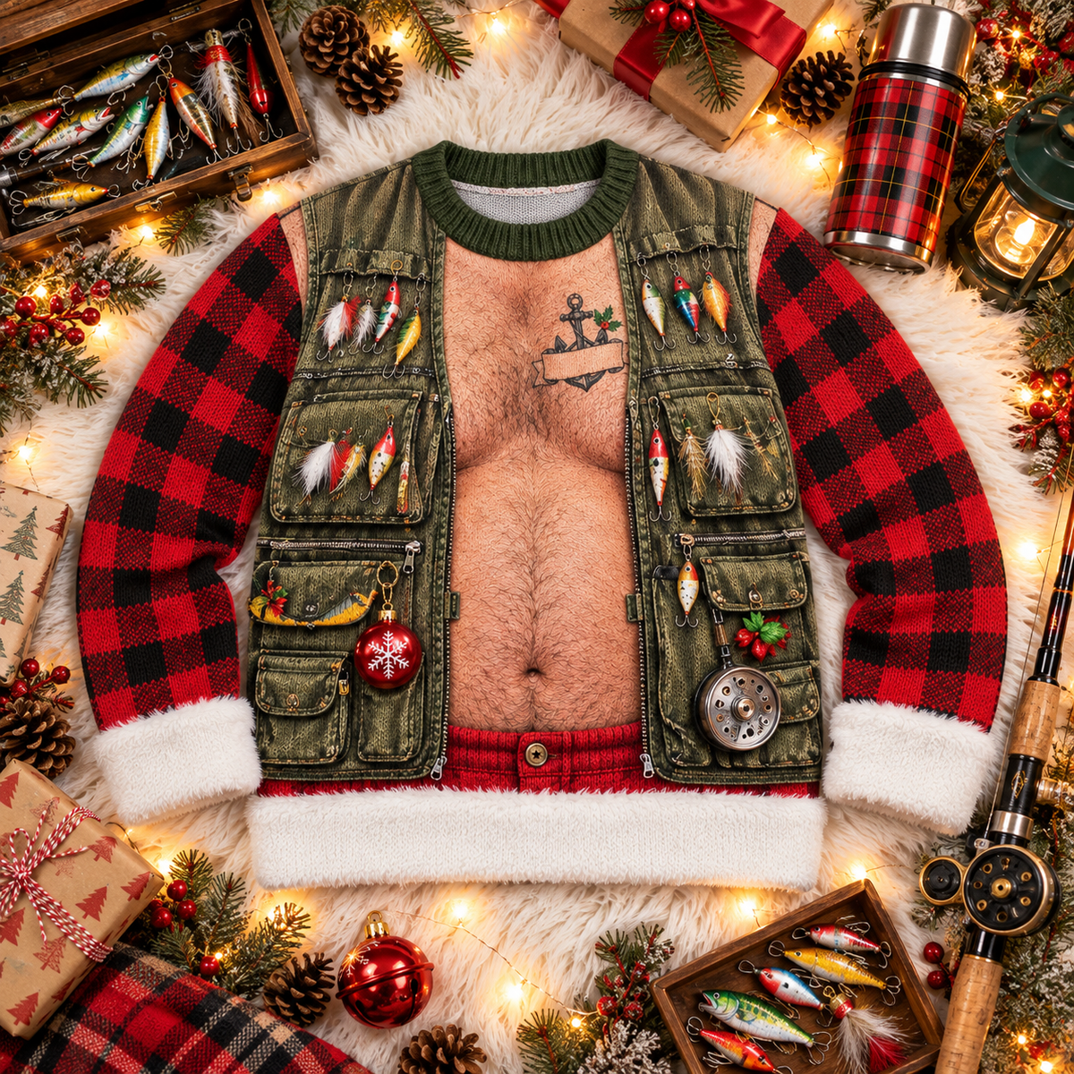 Fishing ugly Christmas sweater laid flat with fishing gear