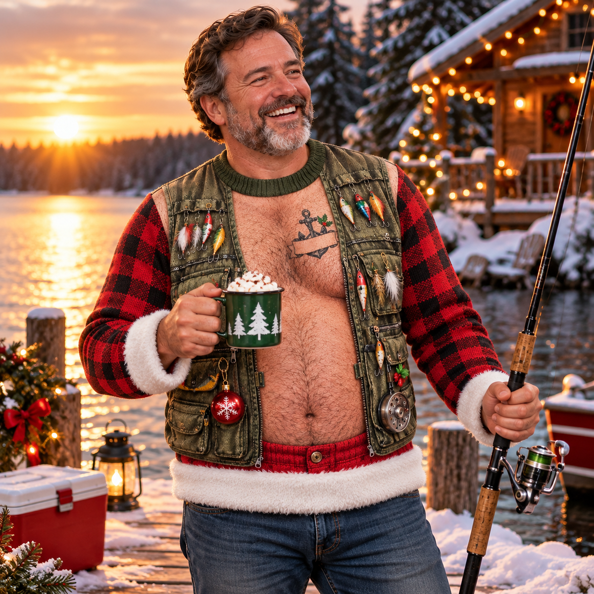 Man holding a fishing rod on a snowy lake dock in a fishing ugly Christmas sweater