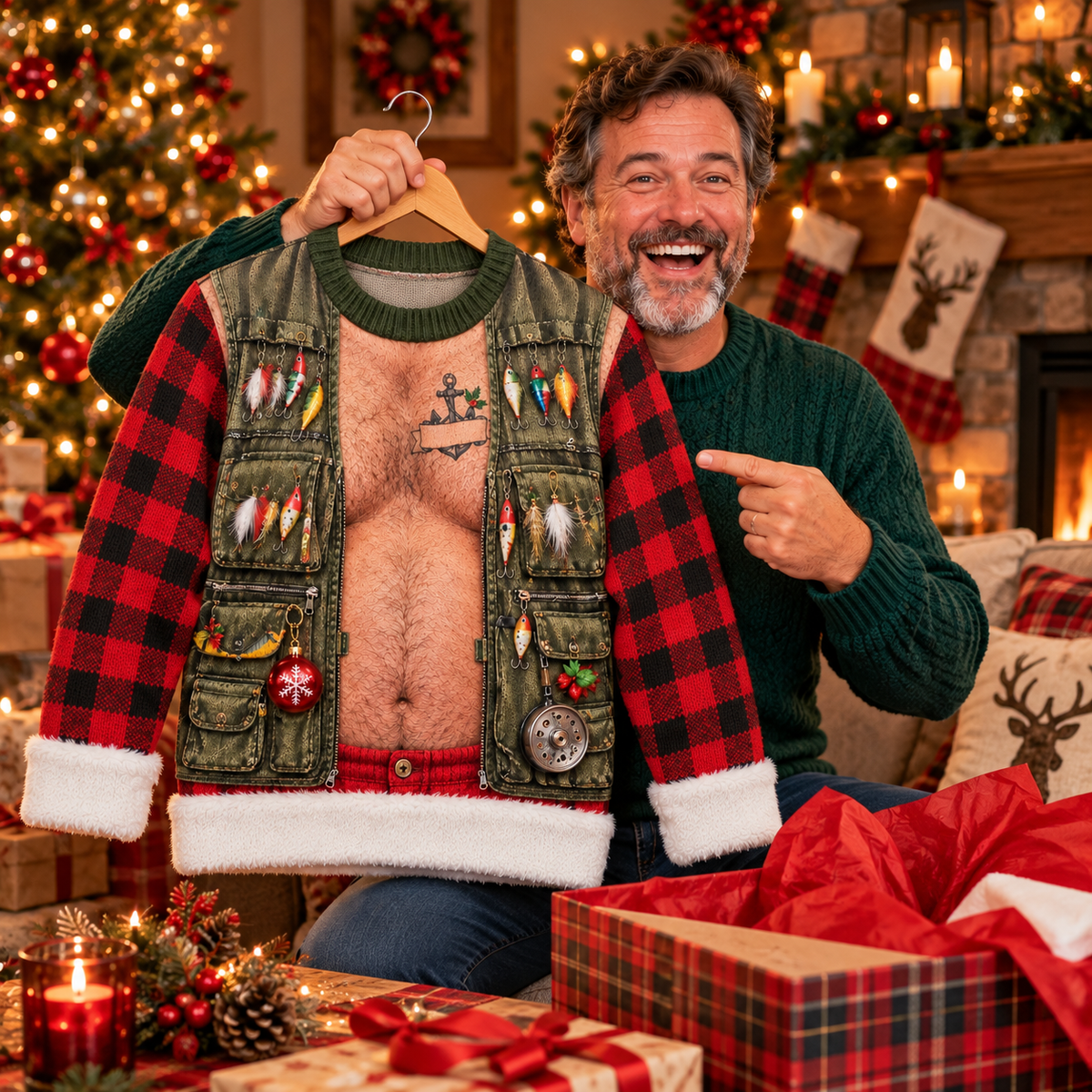 Opening a fishing ugly Christmas sweater as a Christmas gift