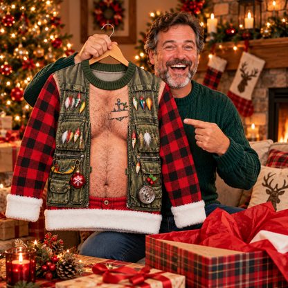 Opening a fishing ugly Christmas sweater as a Christmas gift