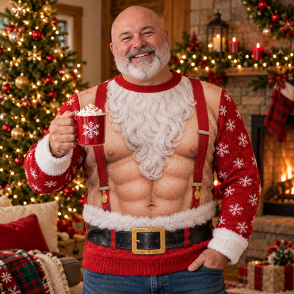 Man wearing a muscle Santa ugly Christmas sweater in a festive living room