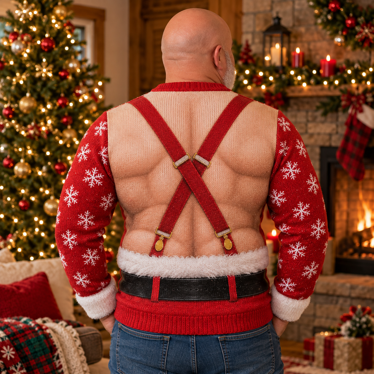 Back of the muscle Santa ugly Christmas sweater