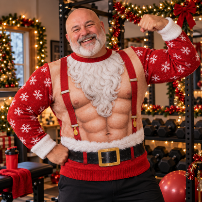 Man in a muscle Santa ugly sweater at a gym decorated for Christmas