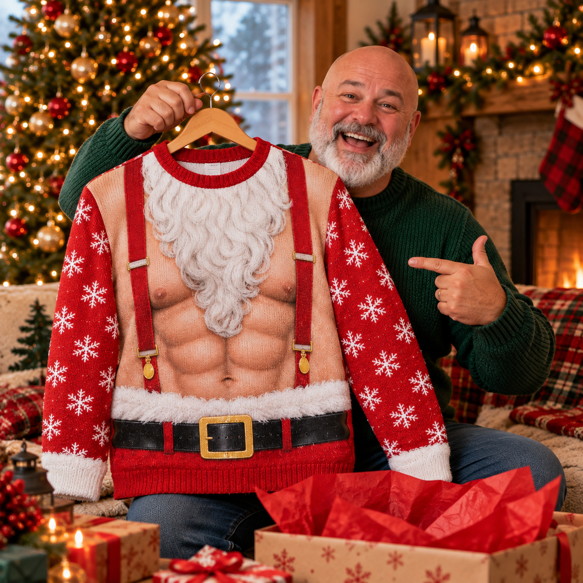 Opening a muscle Santa ugly Christmas sweater as a gift