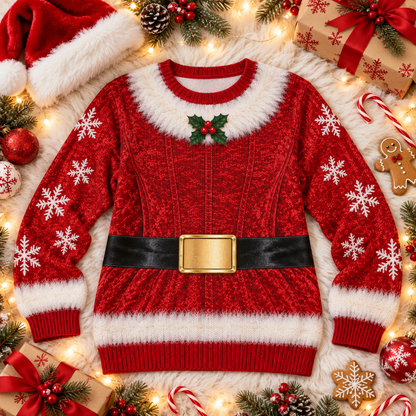Mrs. Claus ugly Christmas sweater laid flat on a white faux fur blanket
