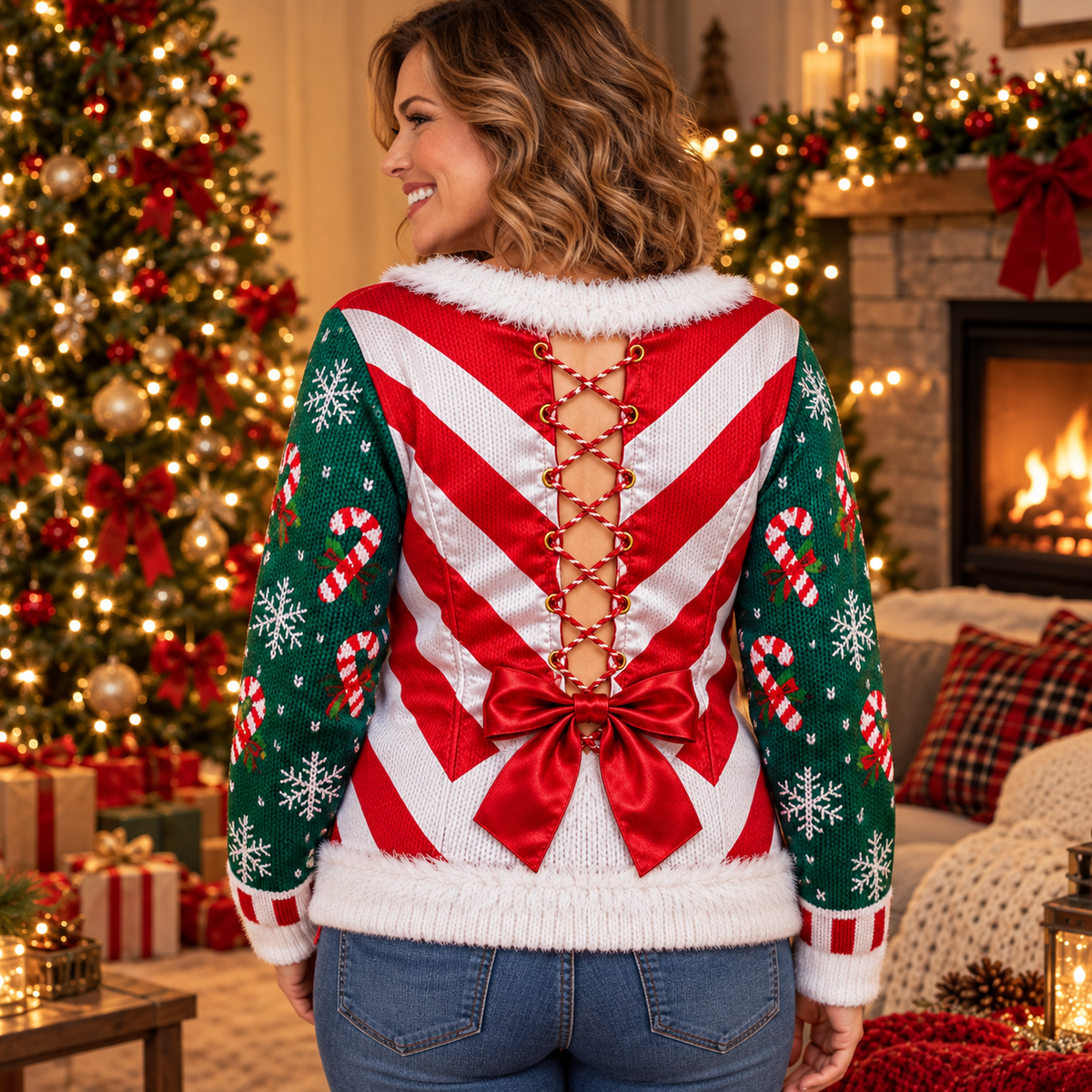 Back of the candy cane corset ugly Christmas sweater with red lacing and bow
