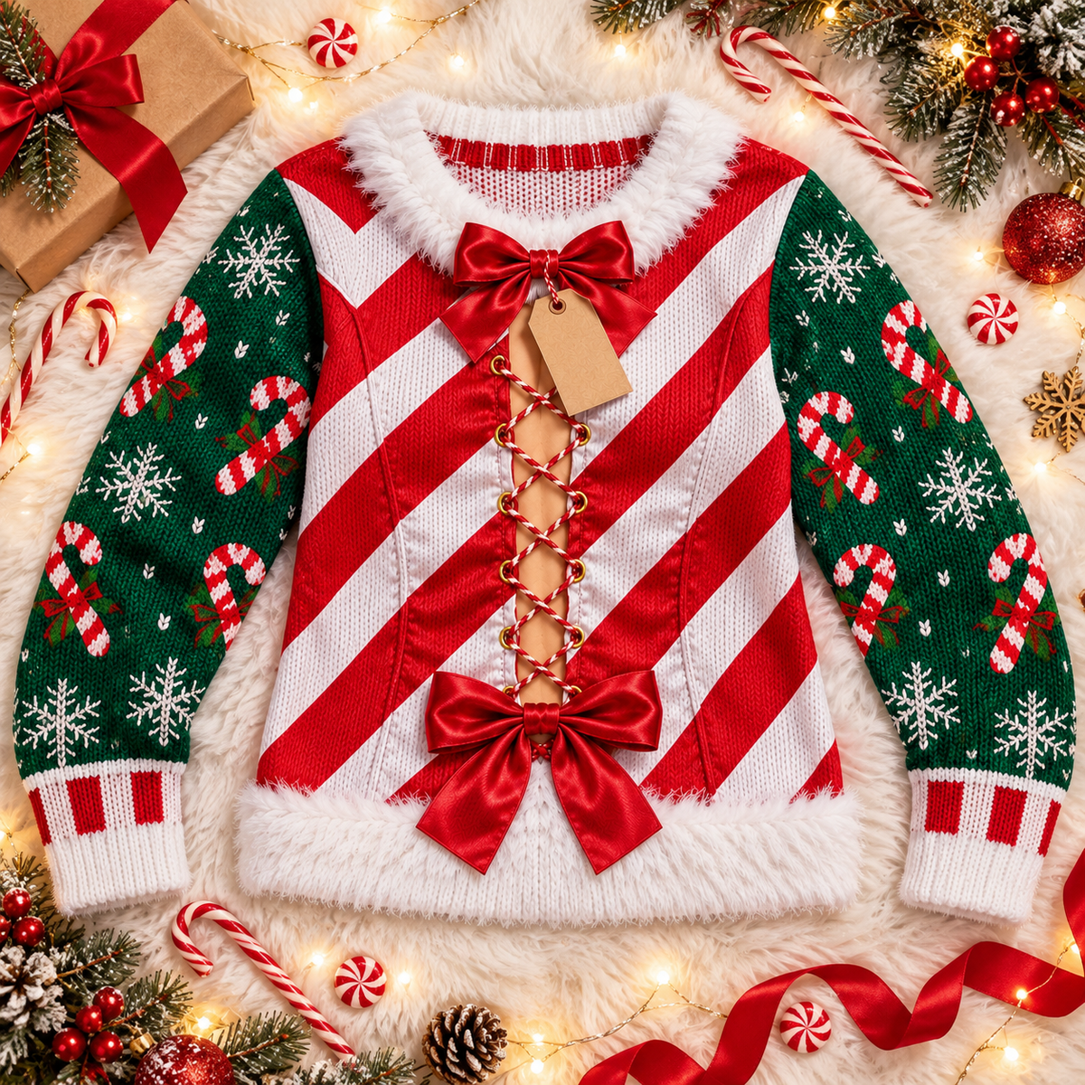 Candy cane corset ugly Christmas sweater laid flat with holiday decor