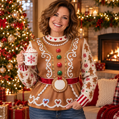 Woman wearing a gingerbread glam corset ugly Christmas sweater