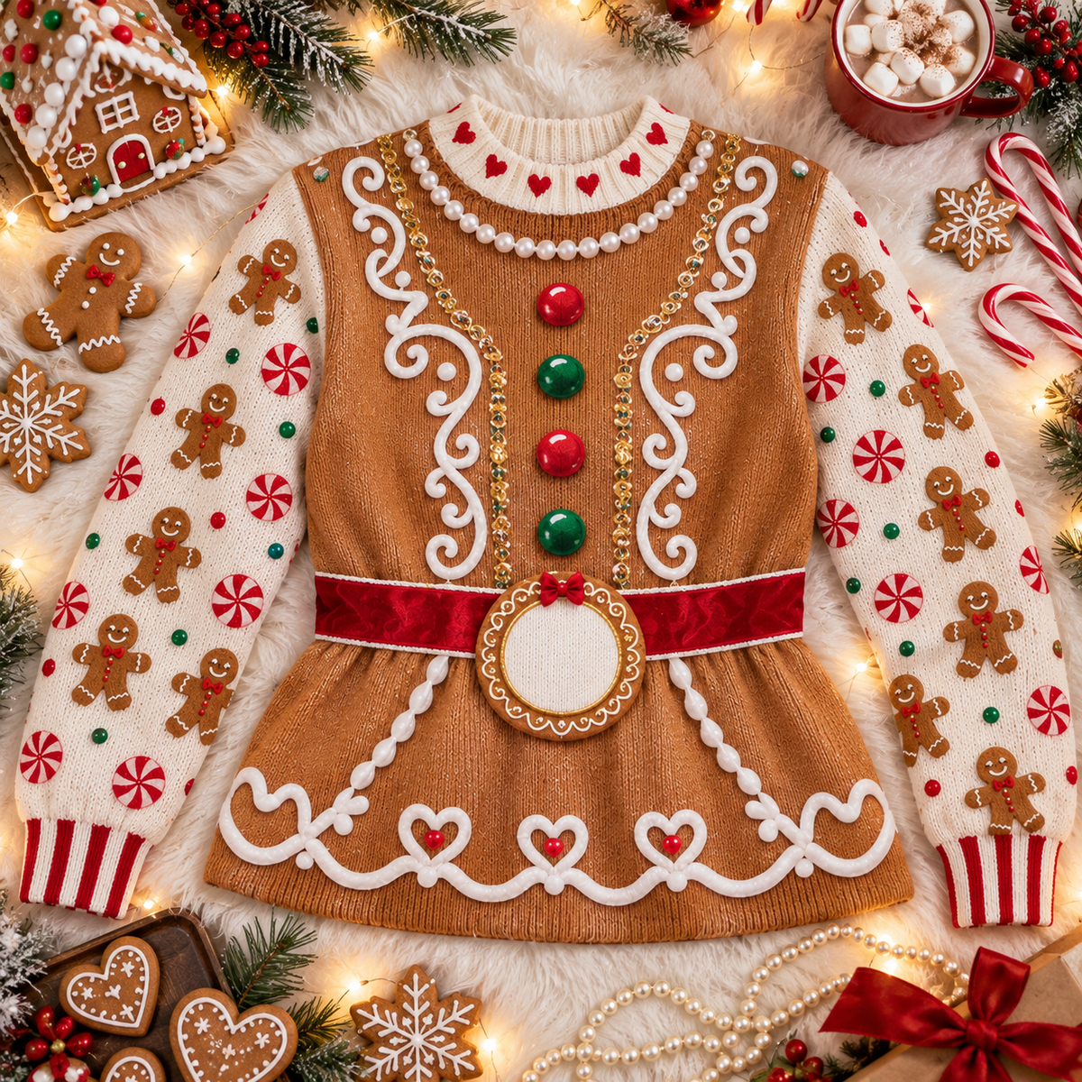 Gingerbread corset ugly Christmas sweater laid flat with gingerbread cookies
