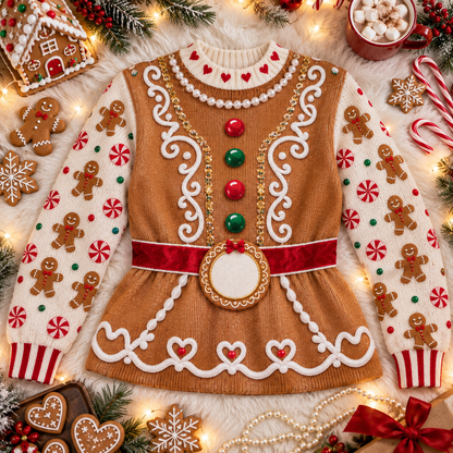 Gingerbread corset ugly Christmas sweater laid flat with gingerbread cookies