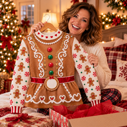 Opening a gingerbread corset ugly Christmas sweater as a gift