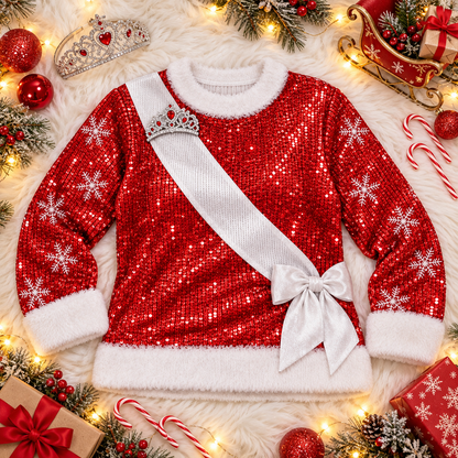 Sleigh Queen ugly Christmas sweater laid flat with holiday decor