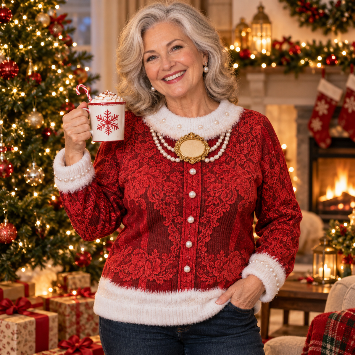 Grandma wearing a Glam Granny Claus ugly Christmas sweater