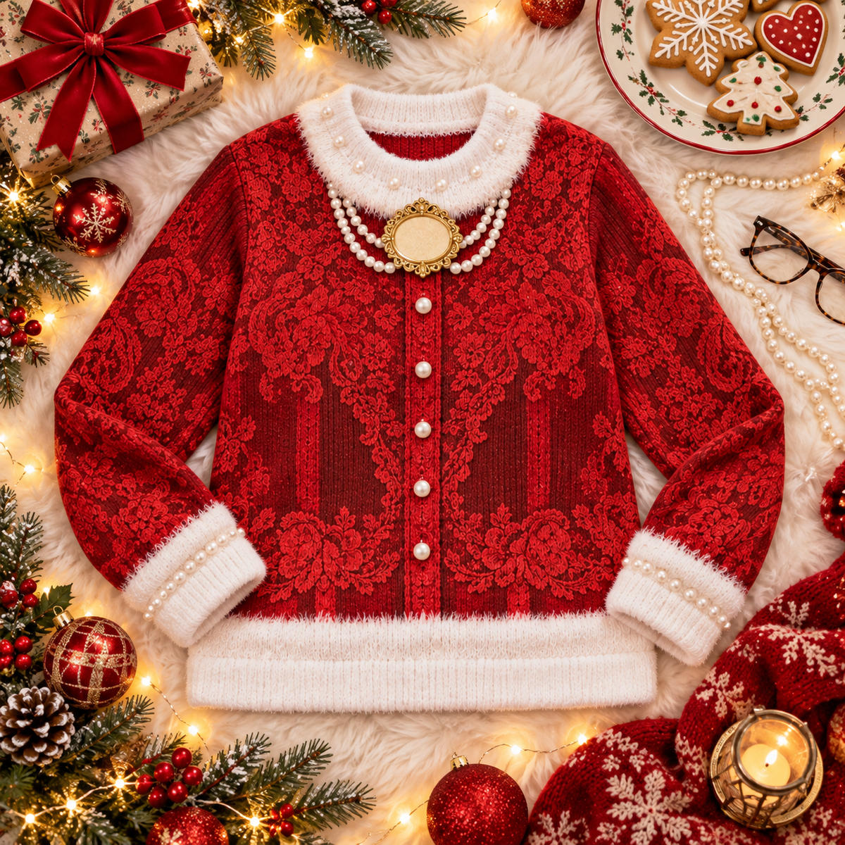 Glam Granny Claus ugly Christmas sweater laid flat with holiday decor