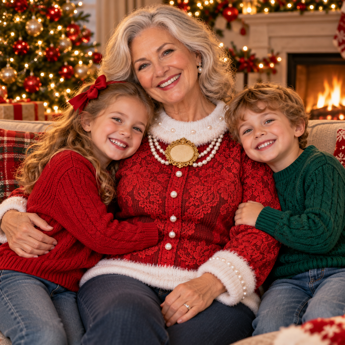 Grandma with her grandkids wearing a Glam Granny Claus ugly sweater