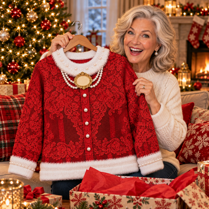Opening a Glam Granny Claus ugly Christmas sweater as a gift