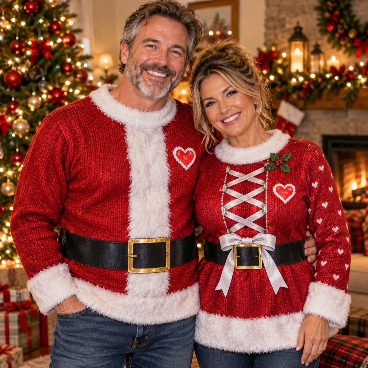 Couple wearing matching Mr. and Mrs. Claus ugly Christmas sweaters